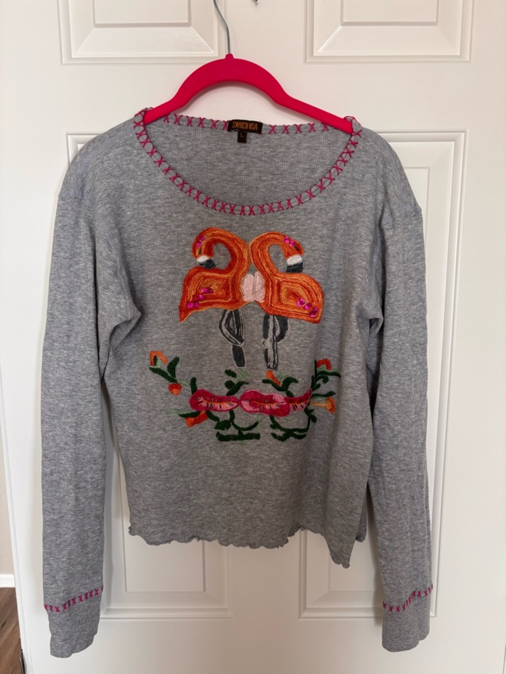 Embroidered Flamingo Gray Sweater with Pink Accents